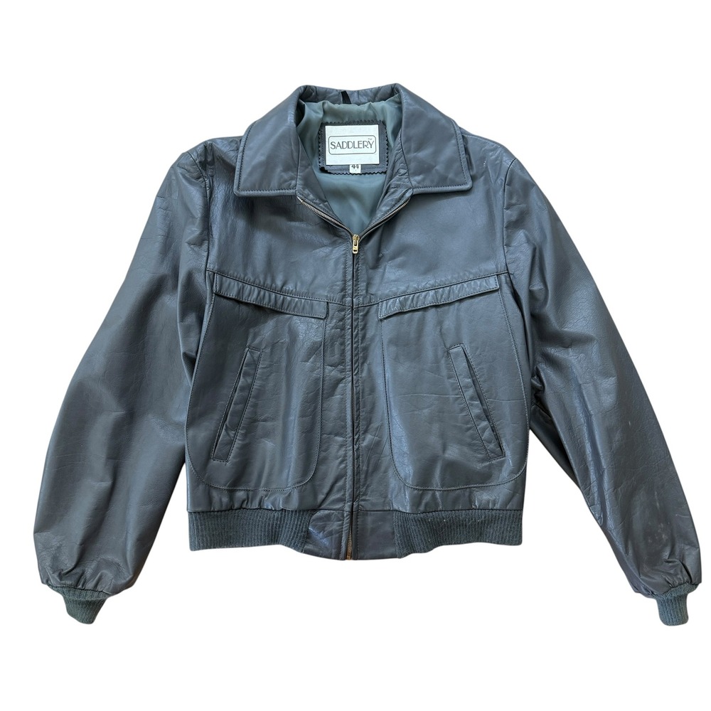Saddlery Vintage 70s Leather Bomber Jacket Flight Ribbed Minimal 44 Gray Soft